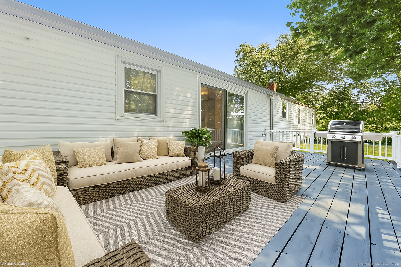 a view of a patio with couches and a potted plant on a table