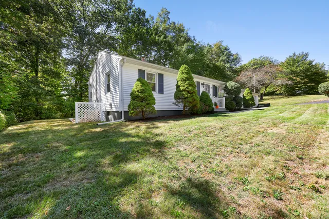 a view of a house with backyard and trees
