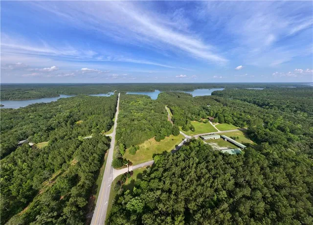 an aerial view of residential house with outdoor space and trees all around