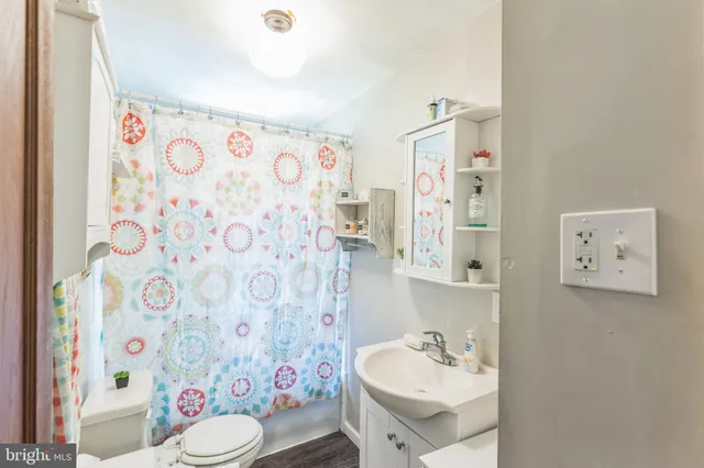 a bathroom with a sink toilet and shower curtain