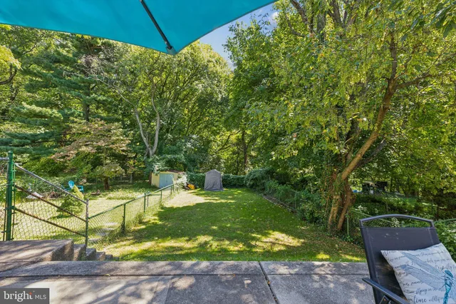 a view of a backyard with plants and a patio