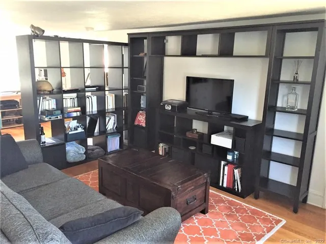 a living room with furniture a rug and a bookshelf