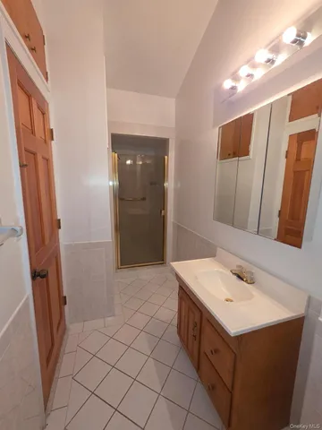 a bathroom with a sink a mirror and a shower