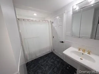 a bathroom with a sink and shower