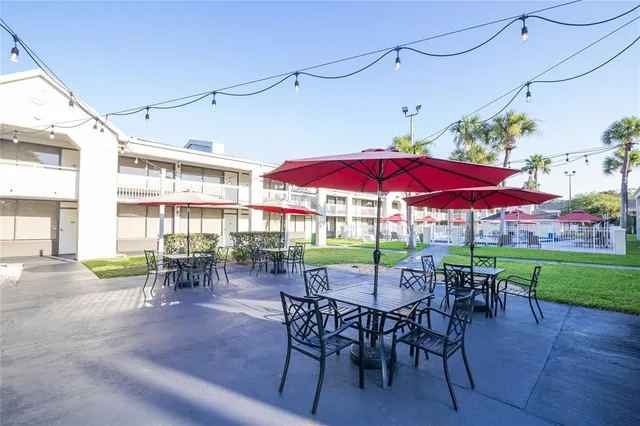 an outdoor view with patio