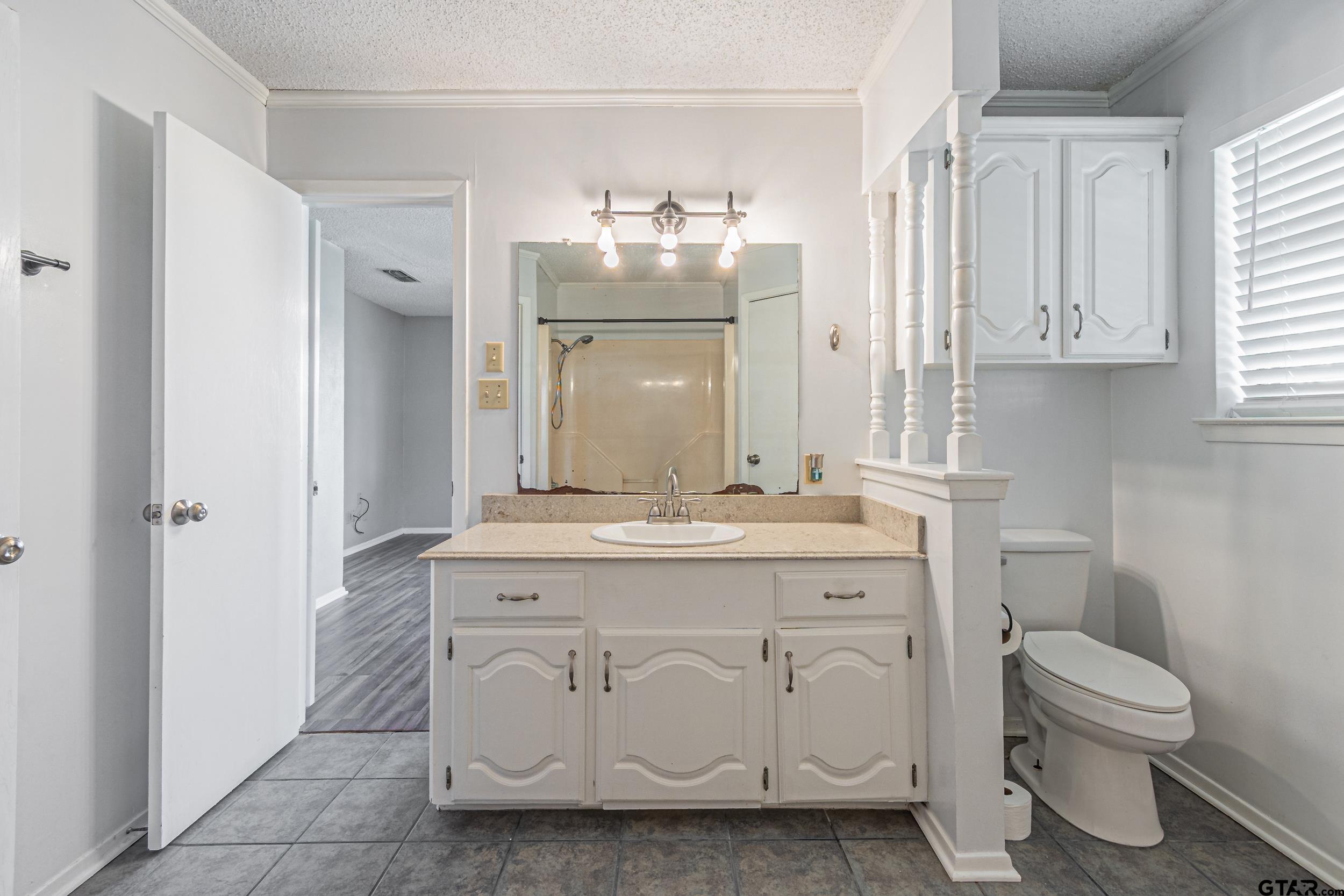 401 VZ County Road Canton, TX 75103 - Photo 37 of 45 a bathroom with a granite countertop toilet a sink and a mirror