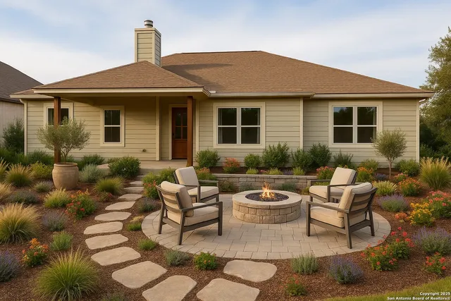 a view of a house with backyard sitting area and swimming pool