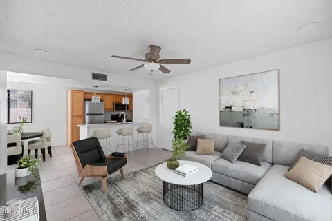a living room with furniture a rug and a window