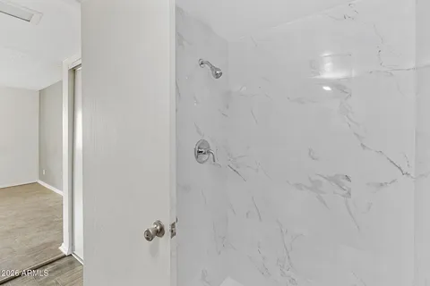a bathroom with a granite countertop shower