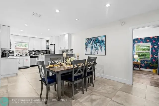 a view of a dining room with furniture