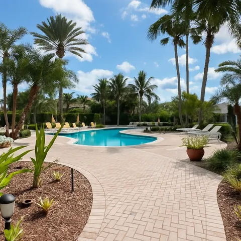 a view of a swimming pool with a patio