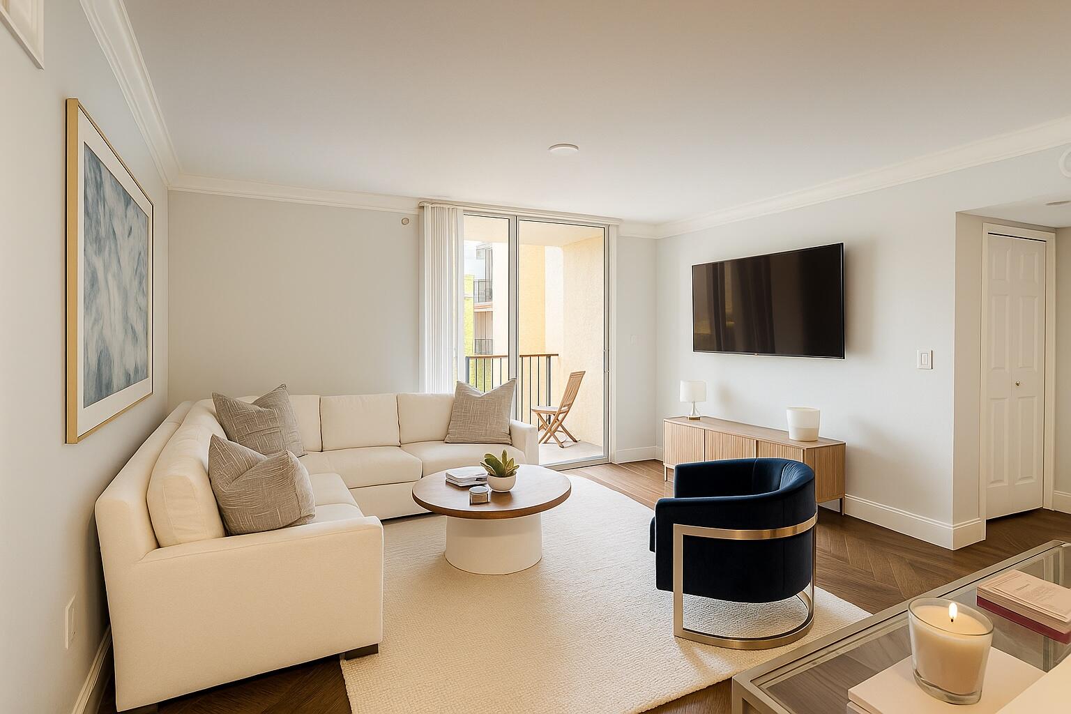 15135 Michelangelo Boulevard, Unit 108 Delray Beach, FL 33446 - Photo 4 of 17 a living room with furniture a flat screen tv and a window