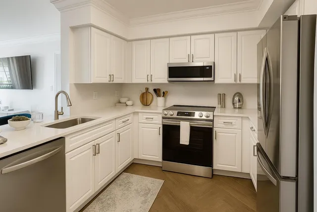 a kitchen with cabinets stainless steel appliances and sink