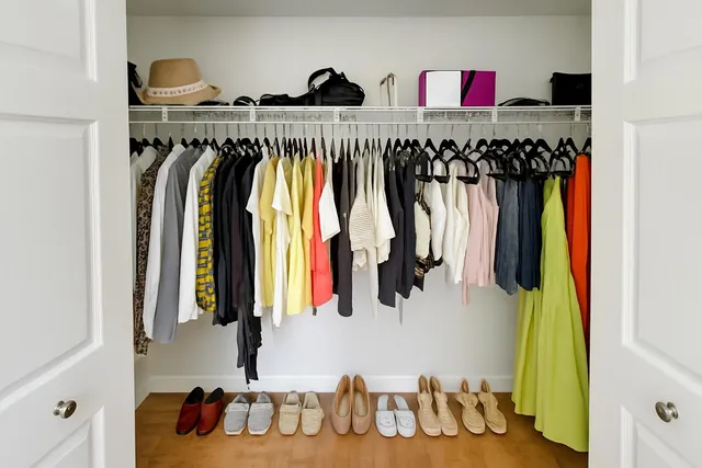 a view of walk in closet with clothes and shoes