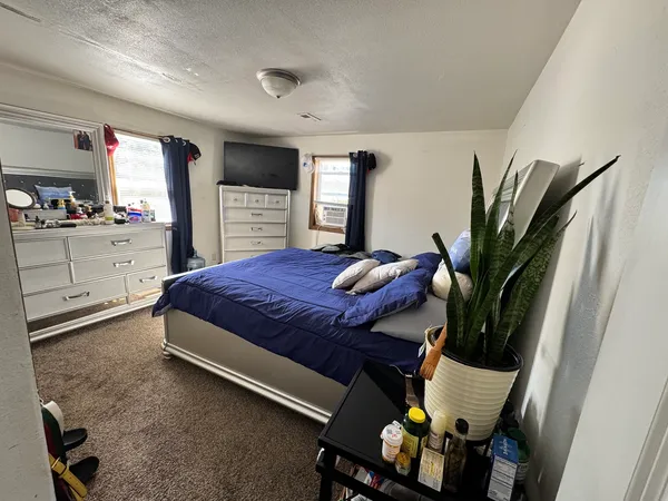 a bed room with a bed window and a television