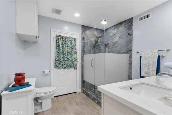 a bathroom with a sink a toilet and a shower