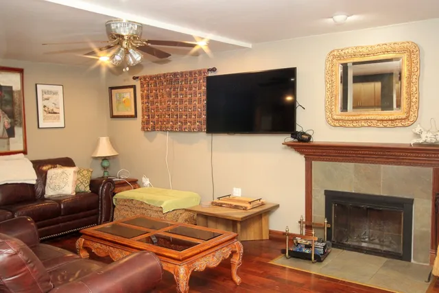 a living room with furniture a flat screen tv and a fireplace