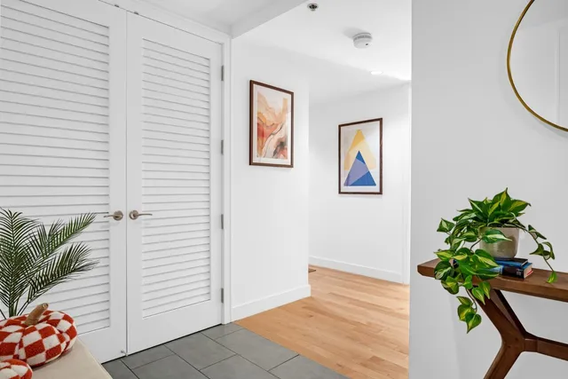 a view of a hallway with wooden floor and a potted plant