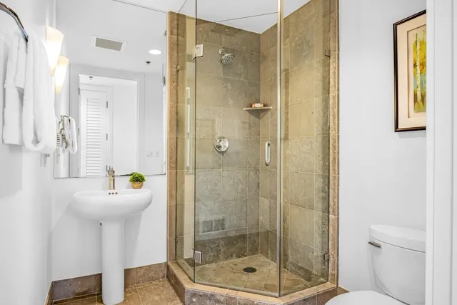 a bathroom with a shower a mirror and a sink