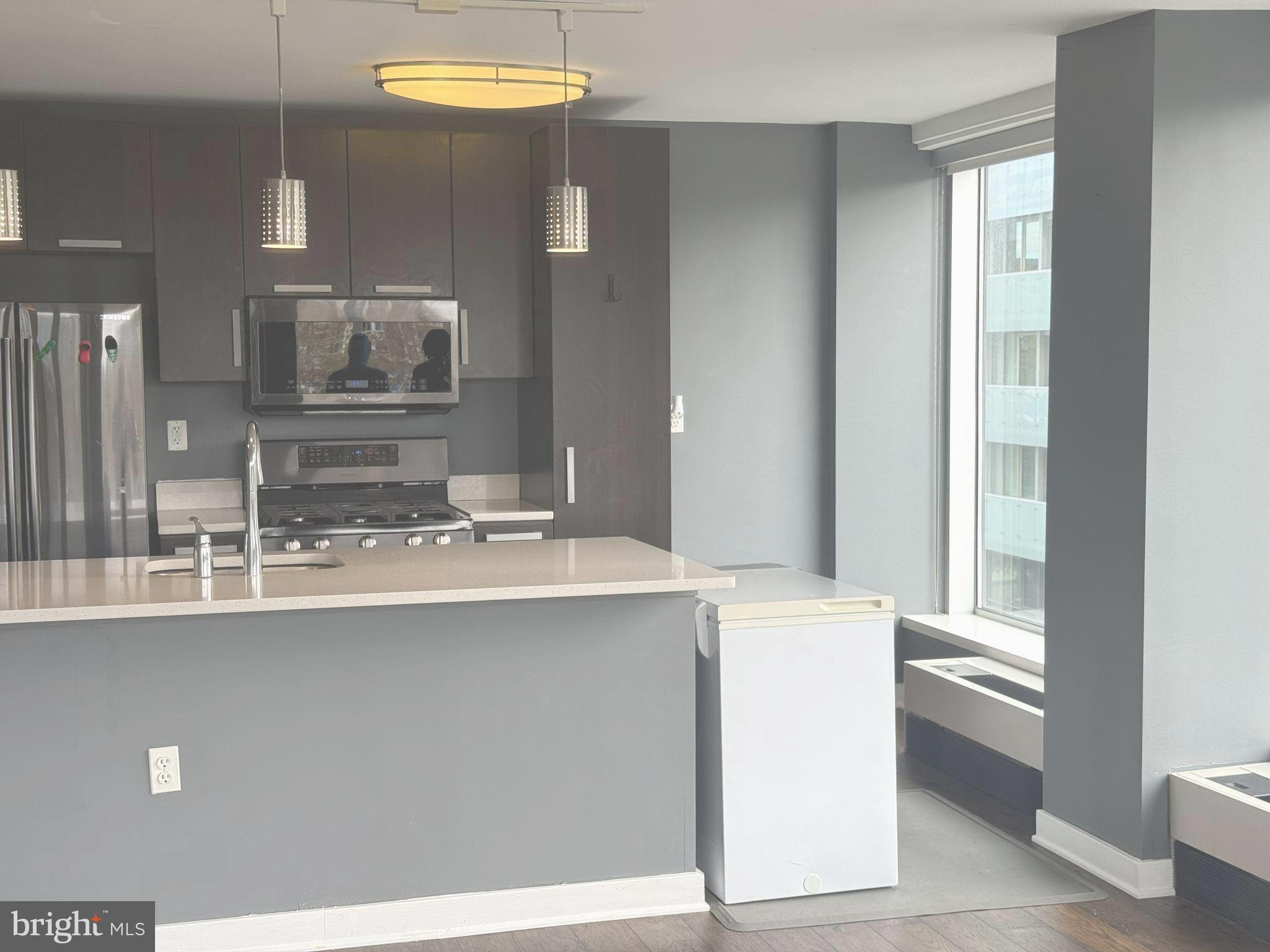 1101 3rd Street Southwest, Unit 306 Washington, DC 20024 - Photo 21 of 53 a room with kitchen island a sink a stove and a window