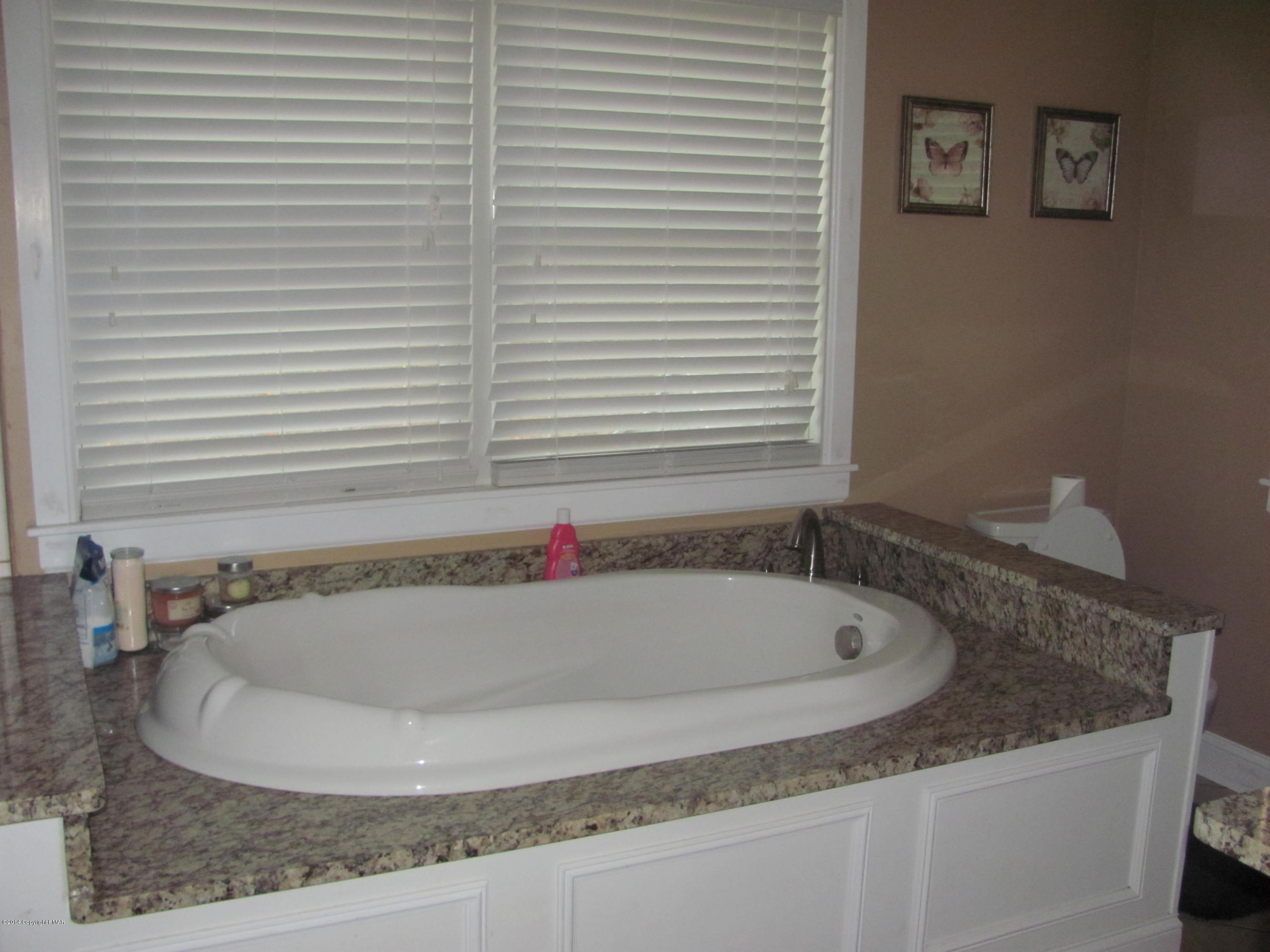 442 Henry's Crossing Road Cresco, PA 18326 - Photo 11 of 20 a bathroom with a granite countertop bathtub and a window