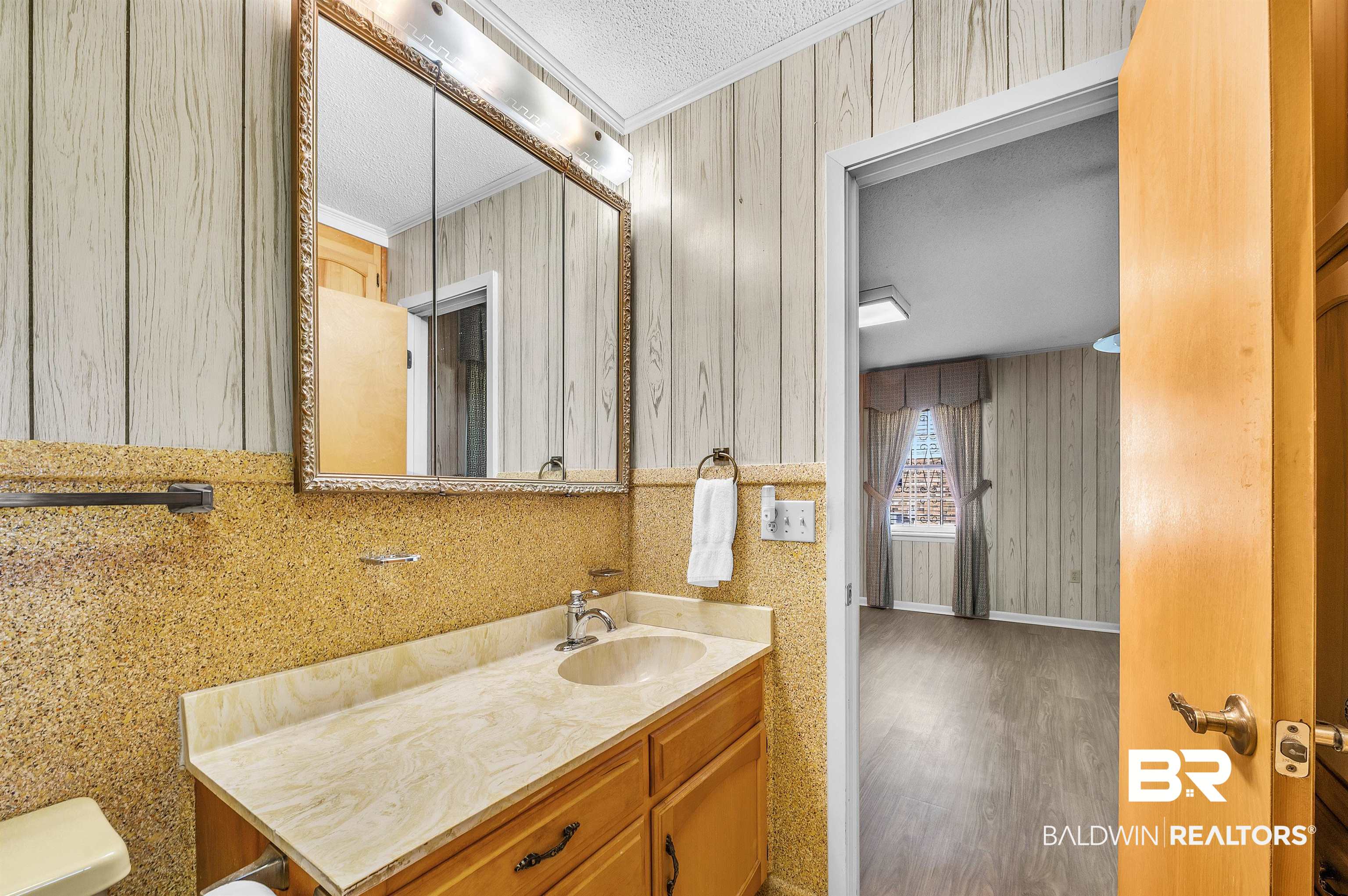 610 East Walker Avenue Foley, AL 36535 - Photo 37 of 38 Bathroom with crown molding, a textured ceiling, vanity, and wood finished floors