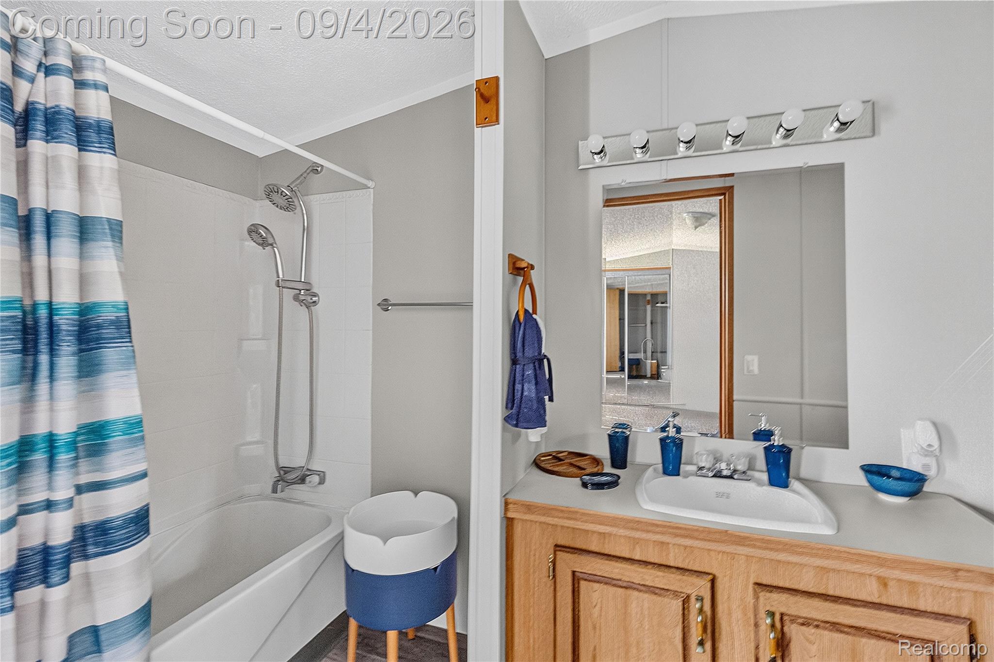 51074 Mott Road, Unit 200 Canton, MI 48188 - Photo 12 of 24 Shower/tub combination with dual shower heads, wood-finish vanity with an integrated sink, wall-mounted mirror, and vanity lighting fixture