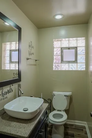 a bathroom with a toilet a sink and mirror