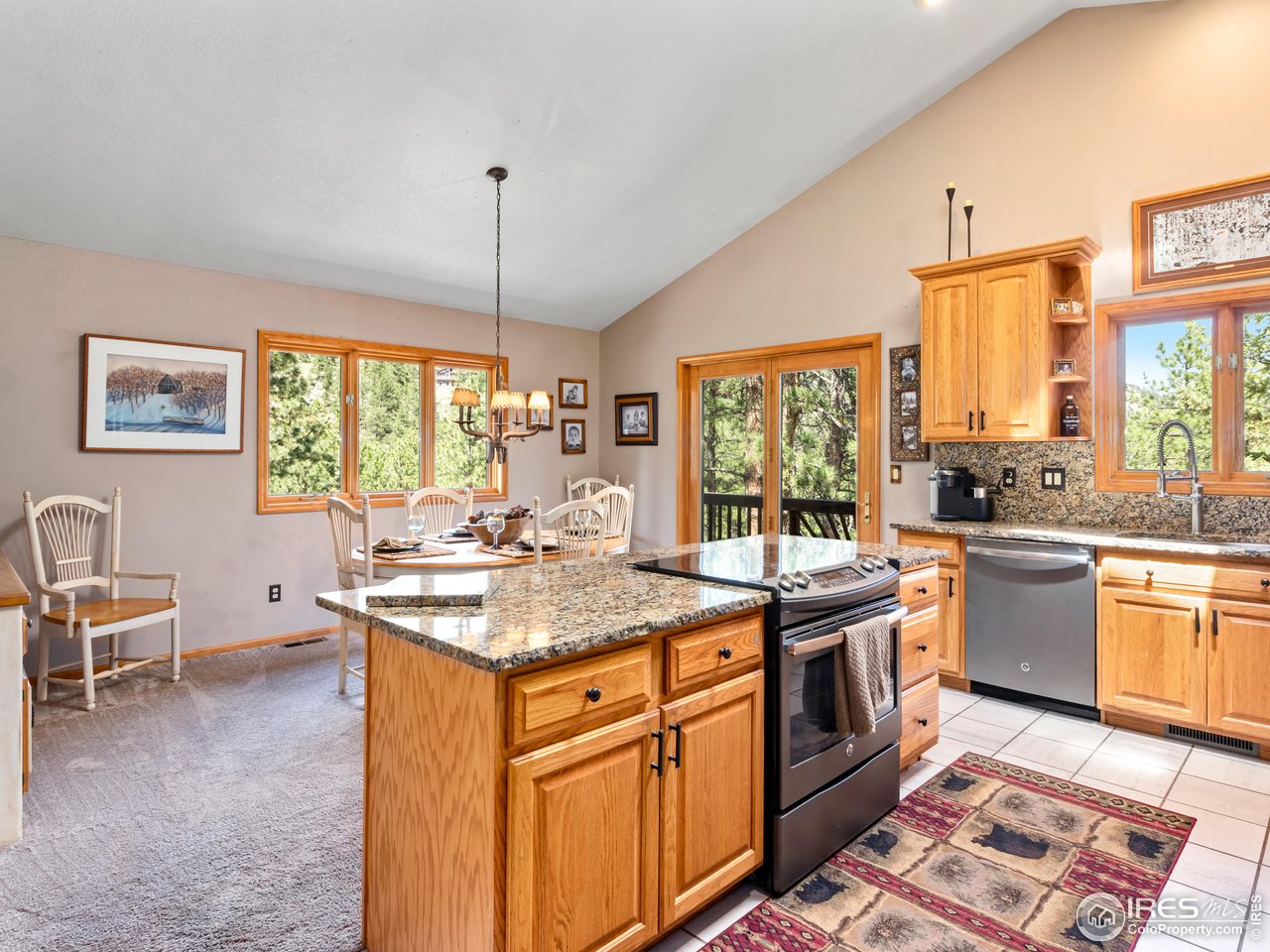 287 Wichita Road Lyons, CO 80540 - Photo 14 of 40 a kitchen with stainless steel appliances granite countertop a stove a sink and a microwave
