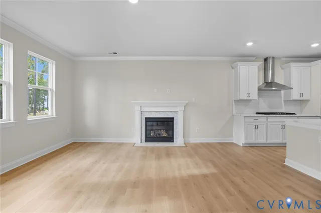 a view of empty room with kitchen and fireplace