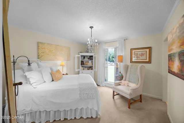 a bedroom with furniture and a chandelier