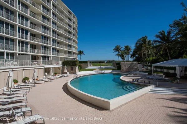a view of swimming pool with outdoor seating and plants
