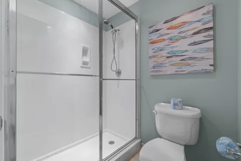 a bathroom with a toilet and a shower