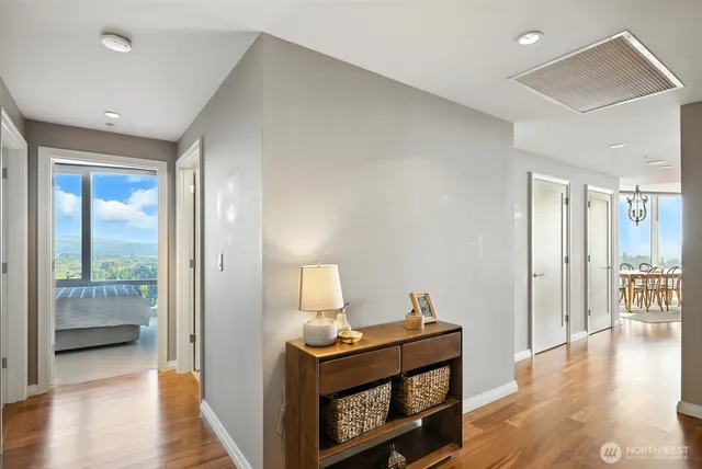 a hallway with wooden floor