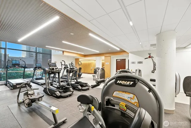 a indoor swimming pool with barbeque