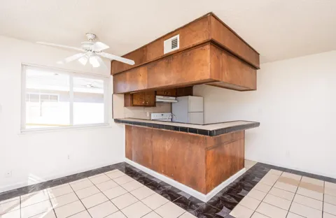 a kitchen with stainless steel appliances cabinets a window and a potted plant
