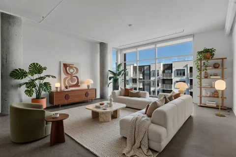 a living room with furniture and a potted plant