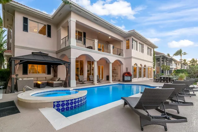 a view of a building with sitting area