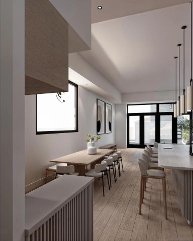 a view of a a dining room with furniture window and wooden floor