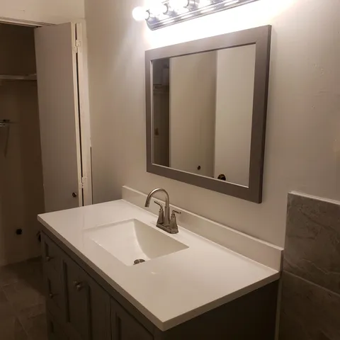 a bathroom with a sink vanity and a mirror