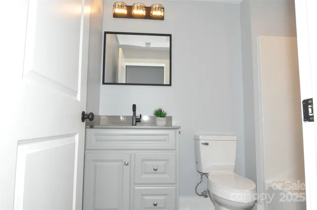 a bathroom with a toilet a sink a vanity and mirror