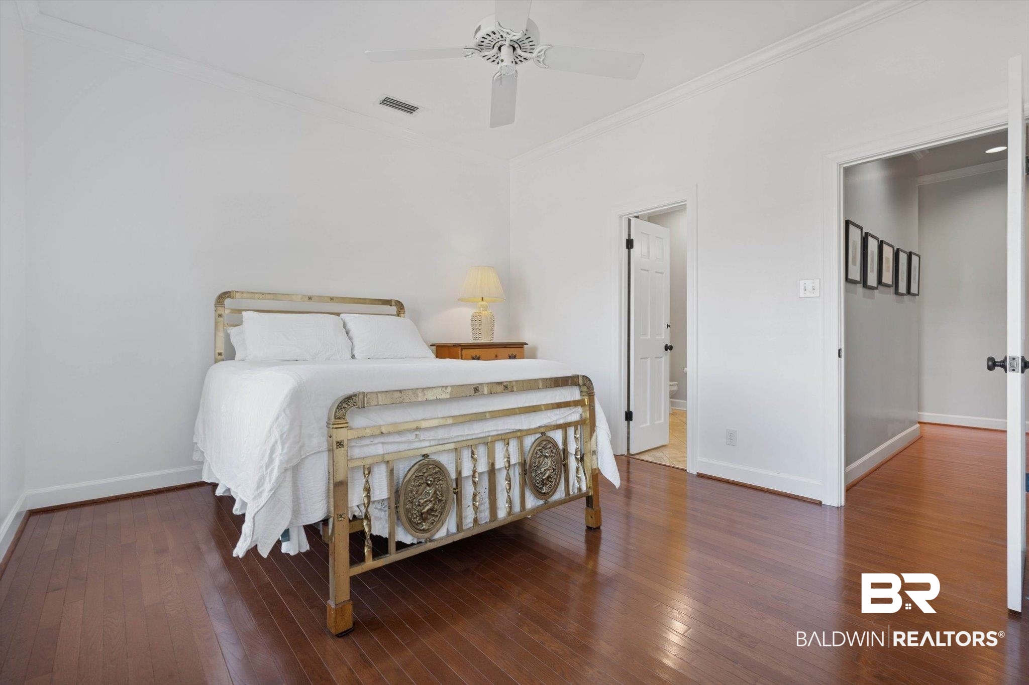 3615 Stein Street Mobile, AL 36608 - Photo 31 of 44 Bedroom with ornamental molding, dark wood-type flooring, and a ceiling fan