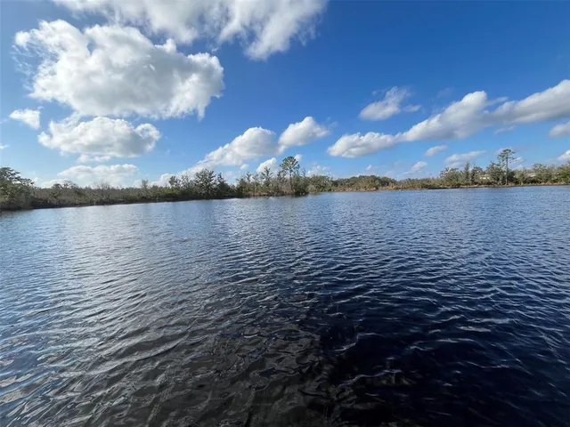 a view of a lake with houses in the background