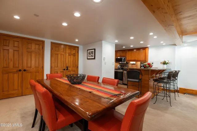 a view of a dining room with furniture
