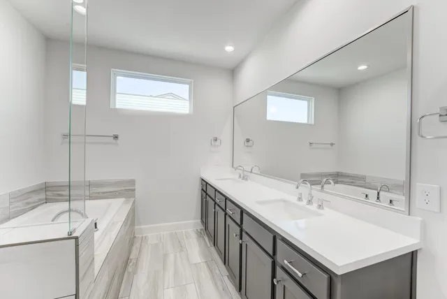 a bathroom with a double vanity sink and a mirror
