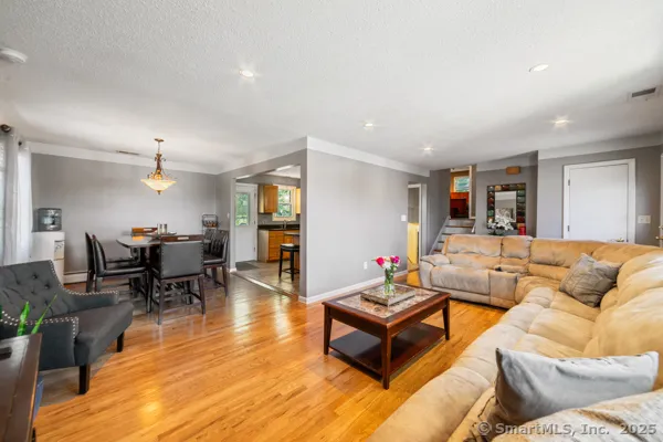 a living room with furniture and wooden floor