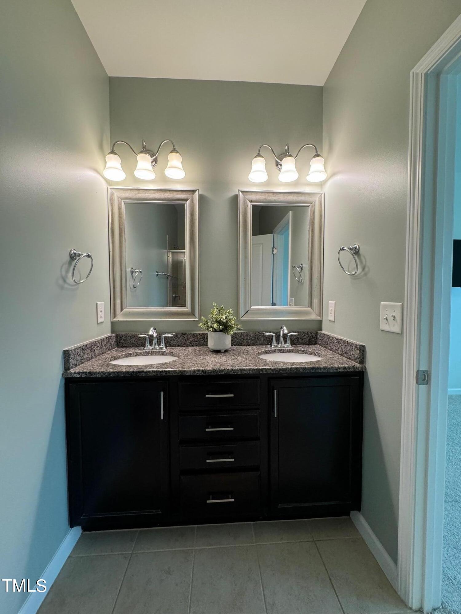 1571 Rodessa Run Raleigh, NC 27607 - Photo 17 of 25 a bathroom with a double vanity sink and a mirror