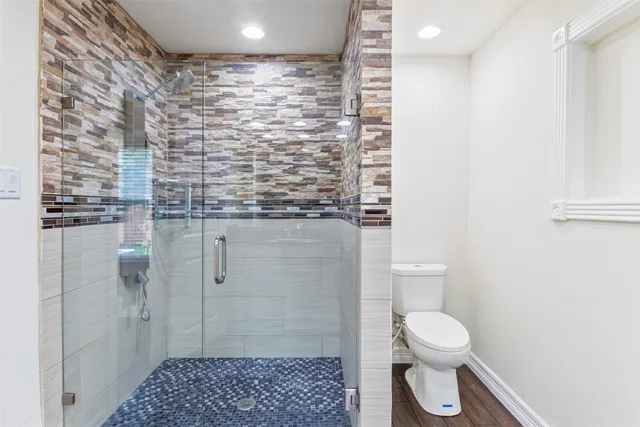 a bathroom with a toilet and a shower