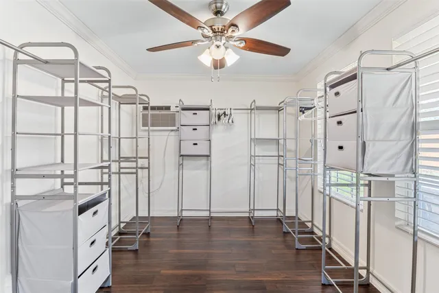 a view of a kitchen with closet and wooden floor