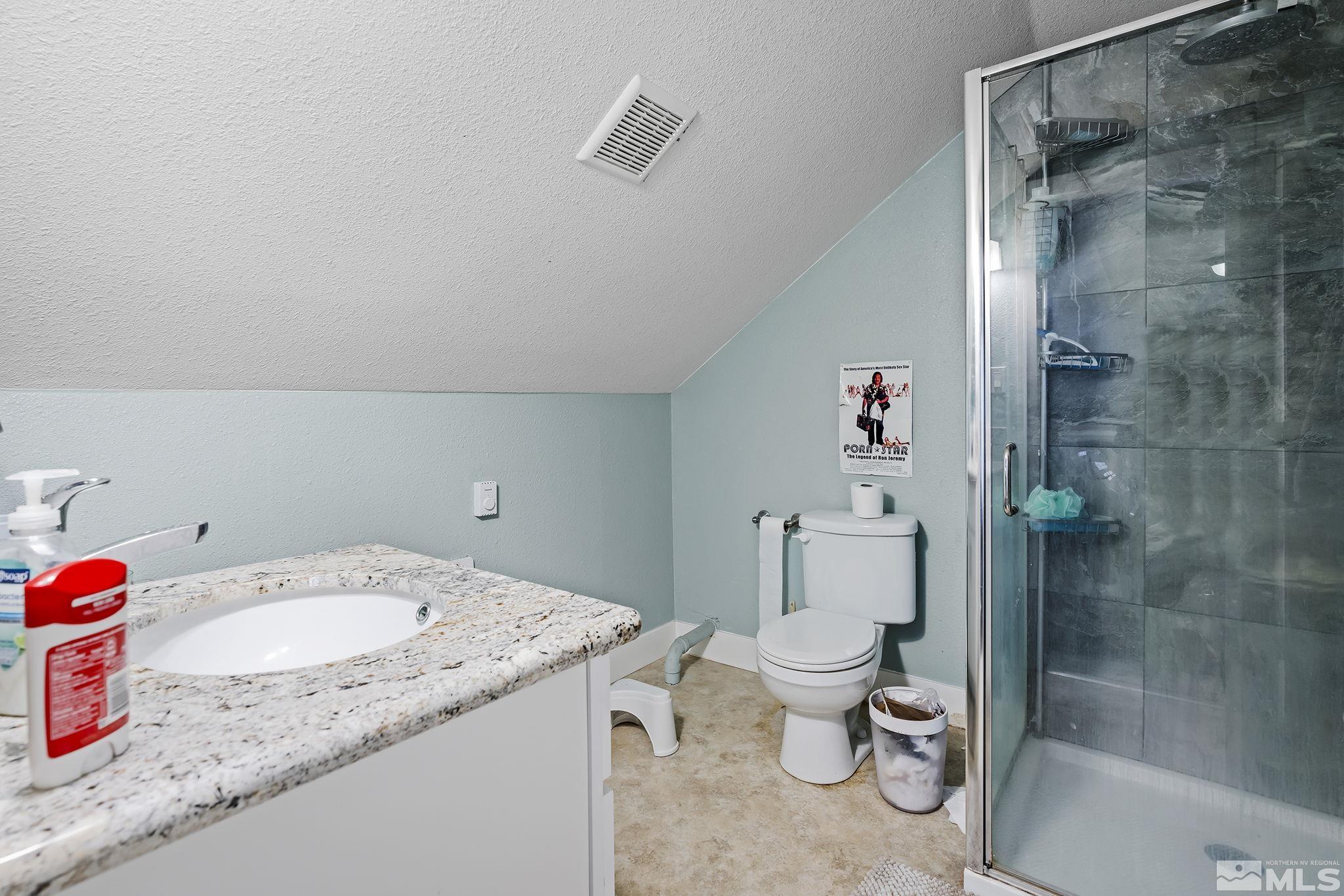 1001 Nevada Street Reno, NV 89503 - Photo 15 of 16 a bathroom with a granite countertop sink a toilet and shower